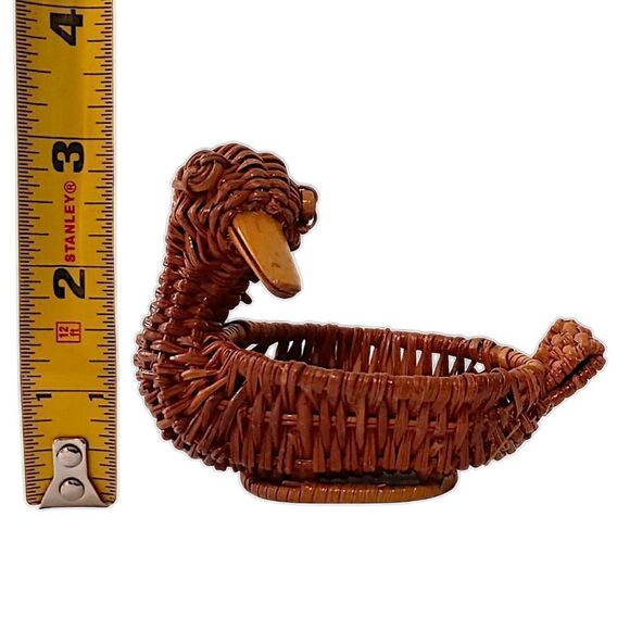 MINI Duck Shaped Wicker Basket Woven Rattan Vintage MCM Brown Wooden Beak Boho. - Picture 2 of 16